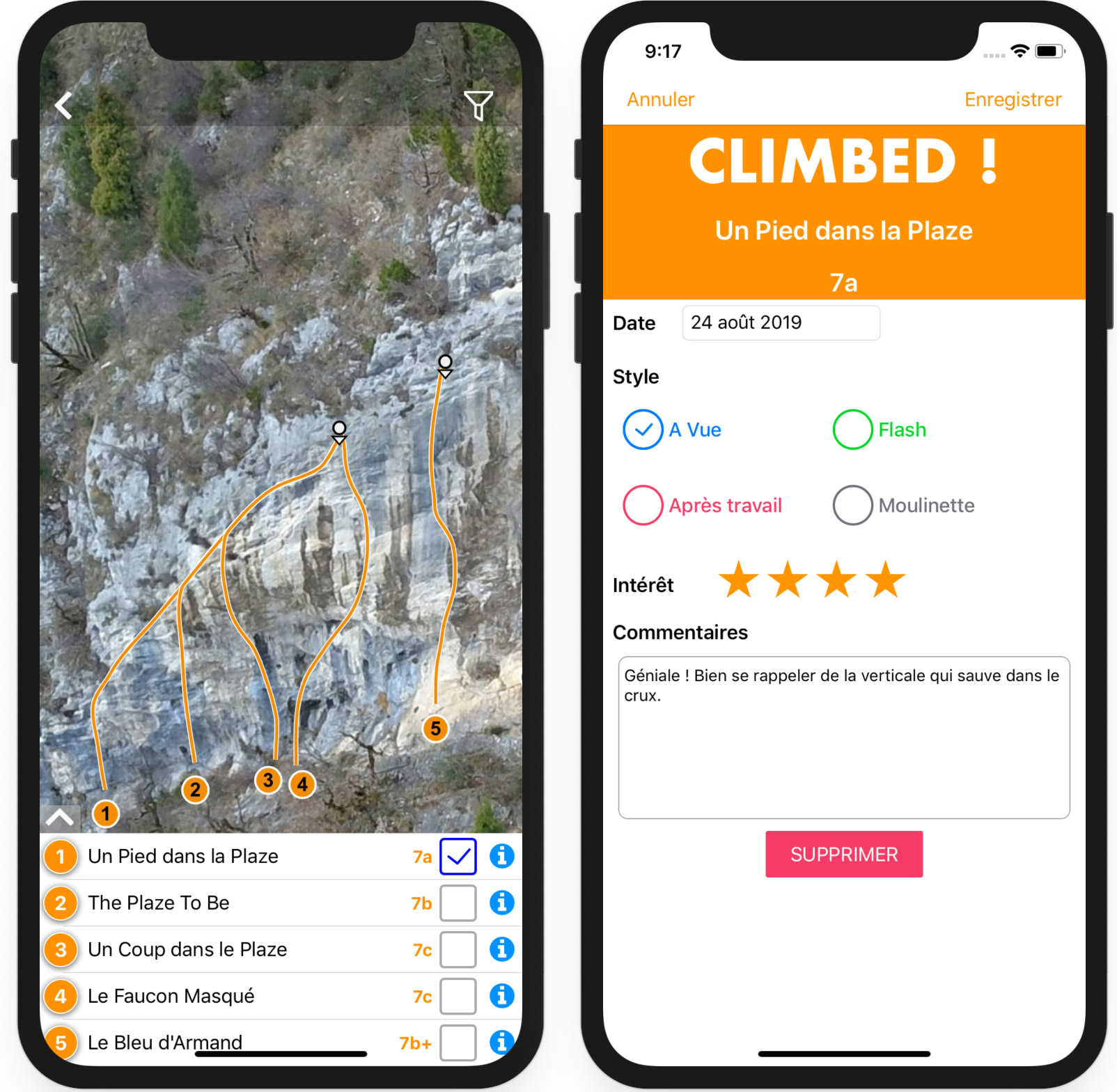 Cochage des croix sur l'application iOS ClimbingAway
