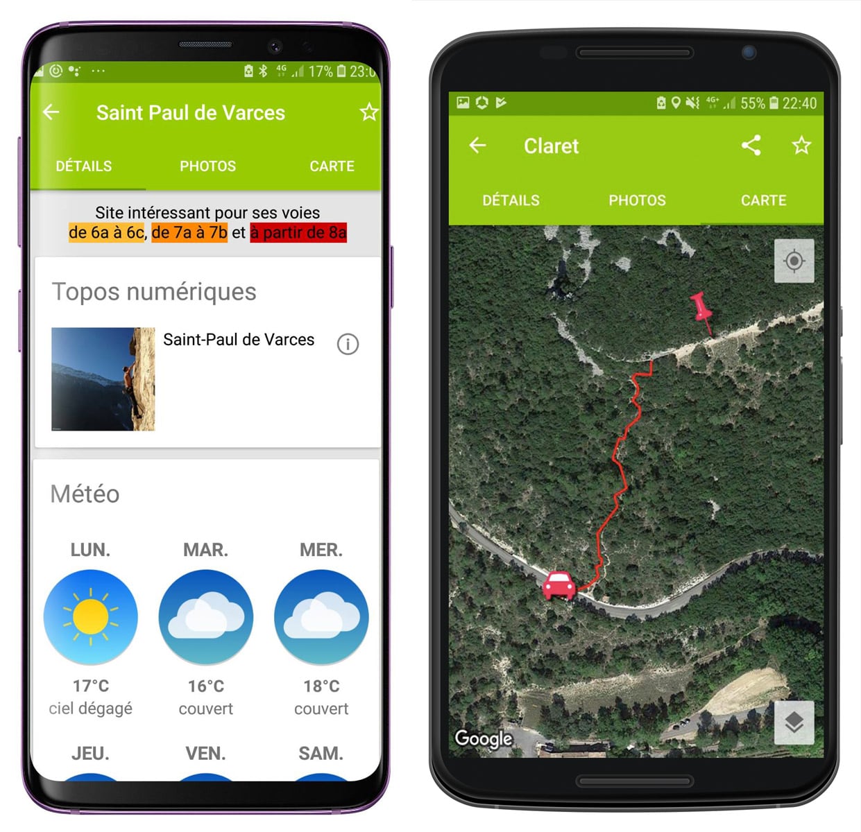 Météo et marche d'approche dans l'application Android ClimbingAway